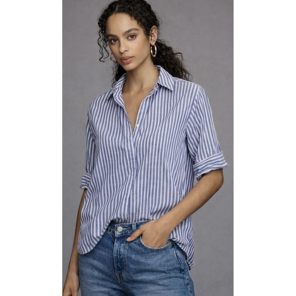 Max Studio Tops - Max Studio Women's Size Small White & Blue Striped Cuffed Short Sleeve Shirt